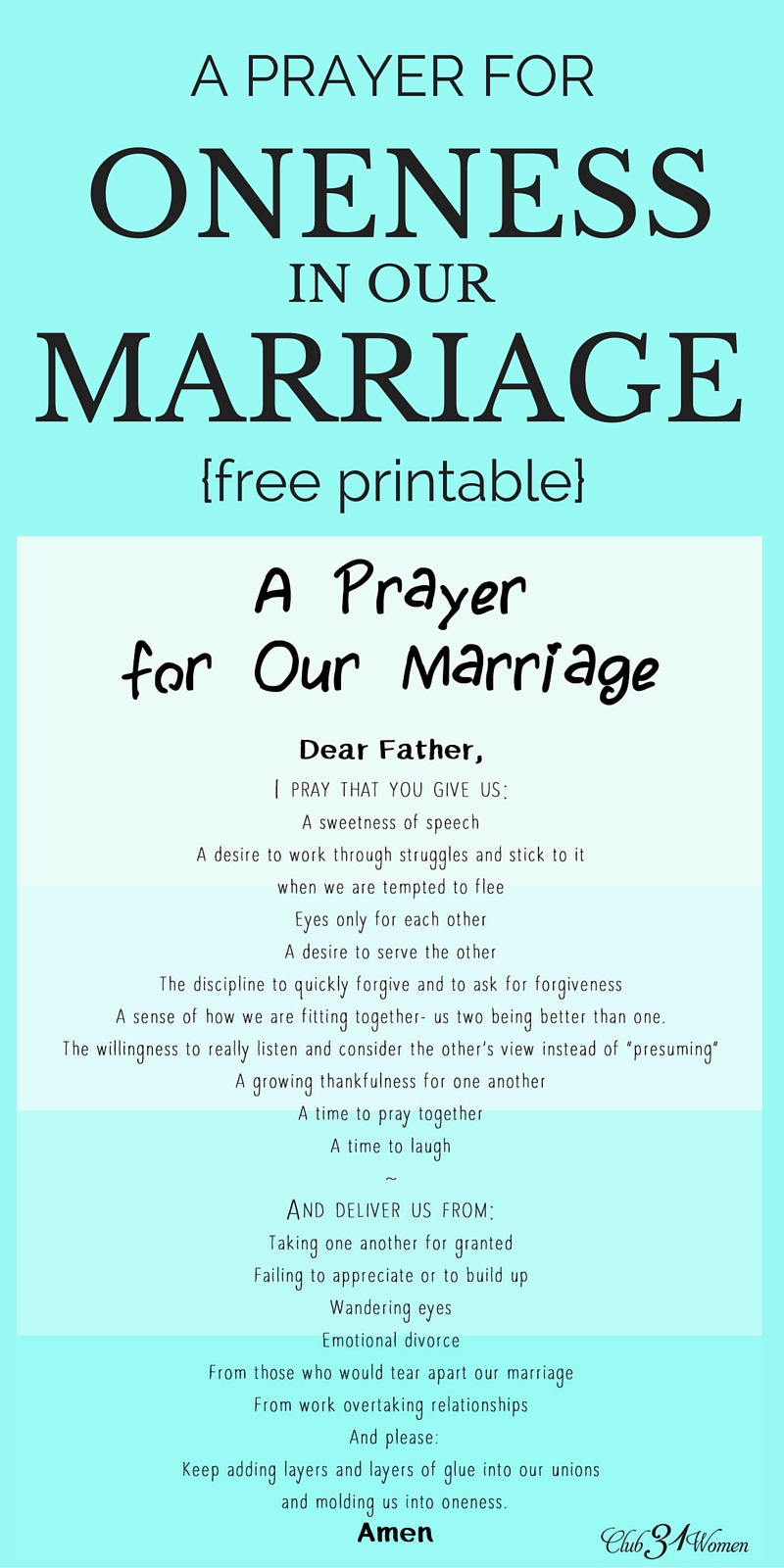 A Prayer for Oneness In Our Marriage with free printable - Club 31 Women