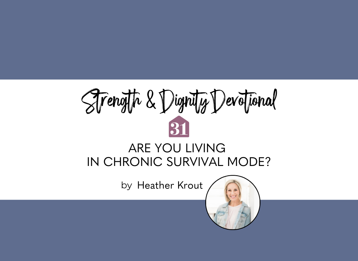 Strength and dignity devotional with plum background and smiling woman with text overlay, "Are You Living In Chronic Survival Mode?"