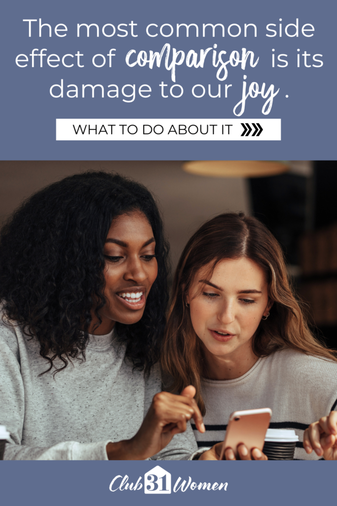 two women looking at their phone with text overlay, "The most common side effect of comparison is its damage to our joy" from Nicole Zasowski on Club31Women