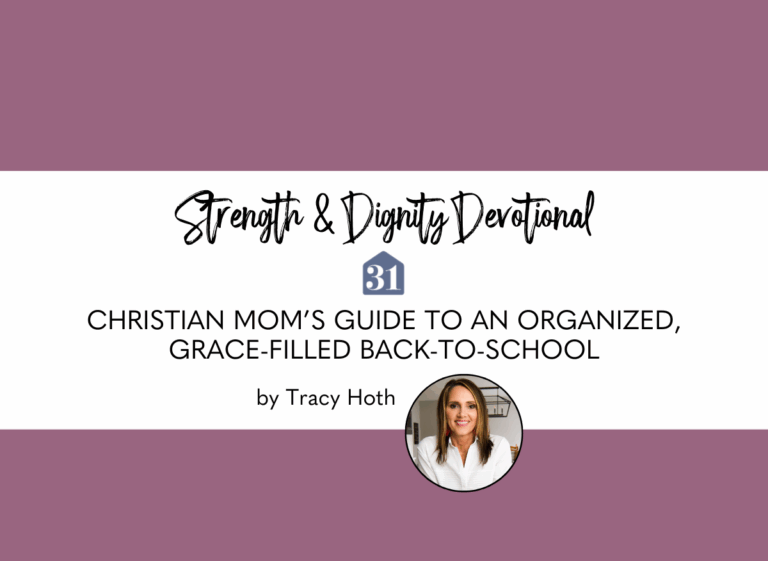 plum background for the Club31Women devotional with smiling professional organizer Tracy Hoth with text overlay, "Christian Mom’s Guide to an Organized, Grace-Filled Back-to-School"
