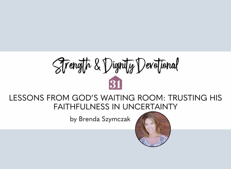 light blue background and smiling author Brenda Szymczak with title overlay, "Lessons from God’s Waiting Room: Trusting His Faithfulness in Uncertainty" from the Club31Women devotional
